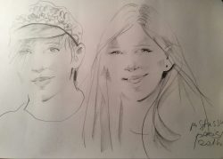 En gatukonstnärs tolkning av Leo och Stella i Montmartre. Hjälp, har de blivit tonåringar?